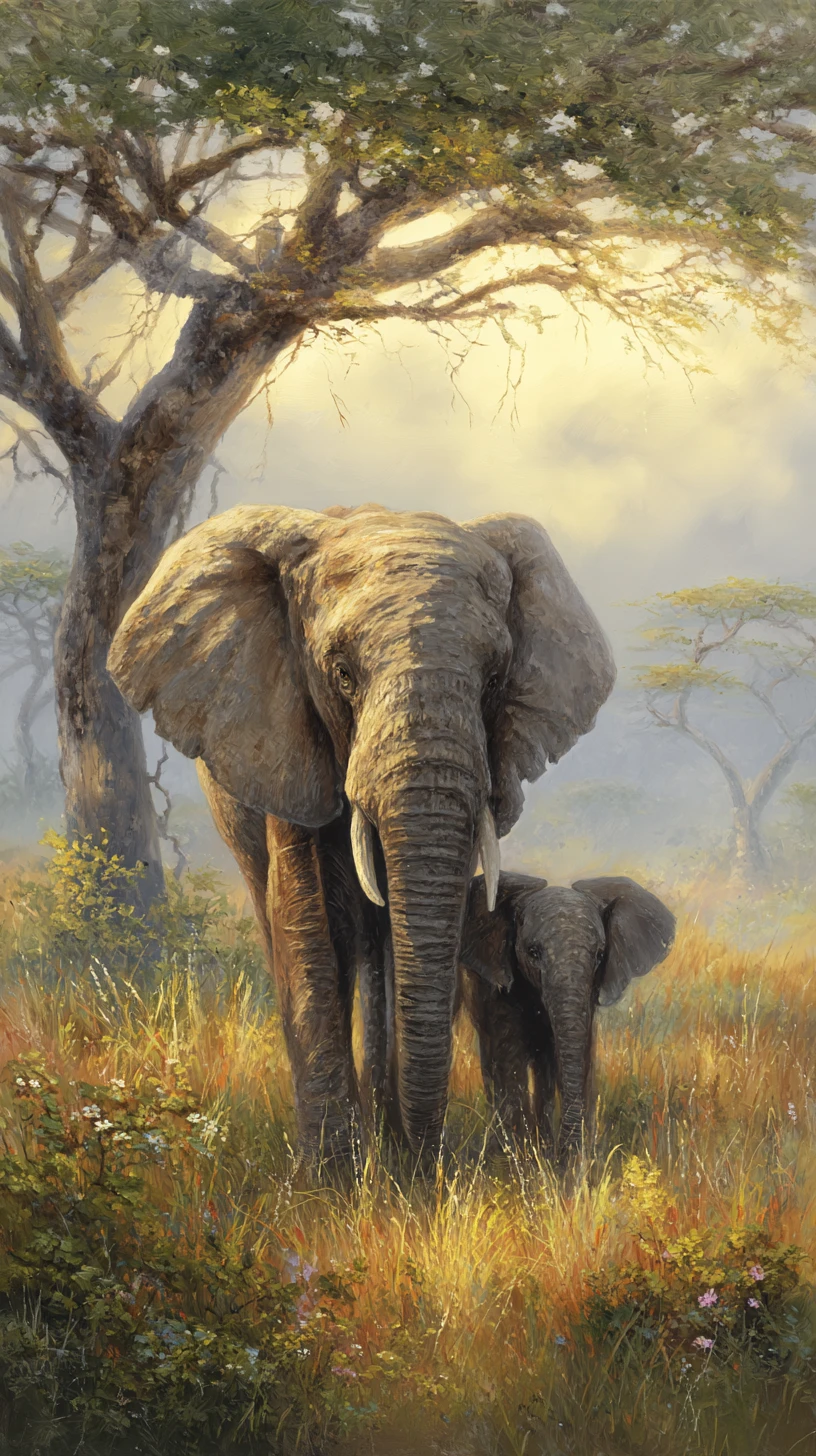 Mãe elefante e filhote na savana africana banhada pelo sol