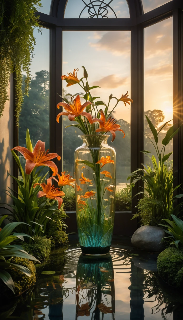 Jardín en veranda bañado por el sol con koi en un jarrón esculpido