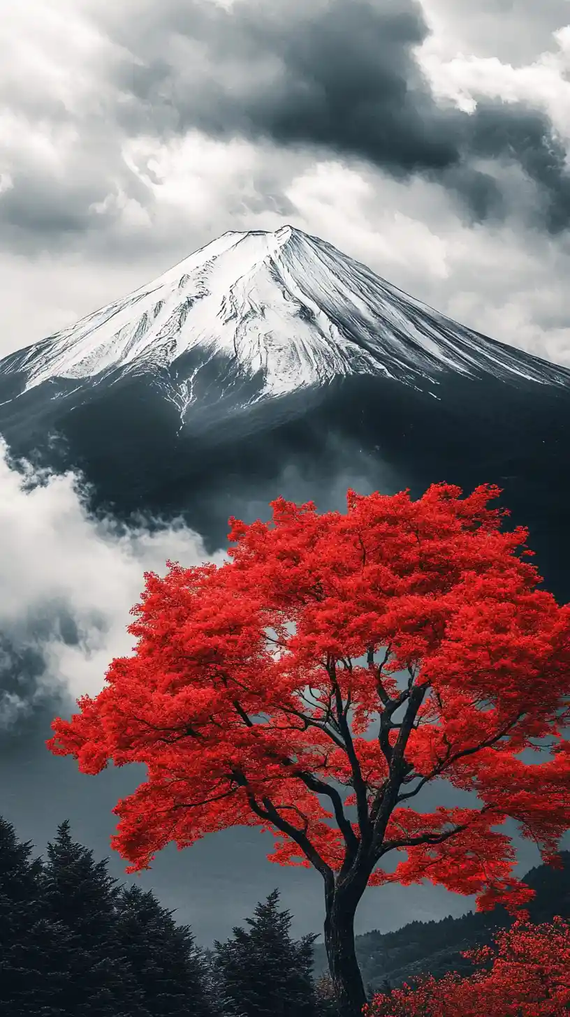 Red tree before snowy mount fuji under cloudy sky