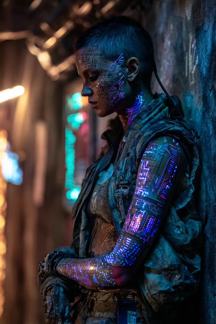 Ribelle cyborg in tunnel illuminato al neon con tatuaggi di circuiti luminosi