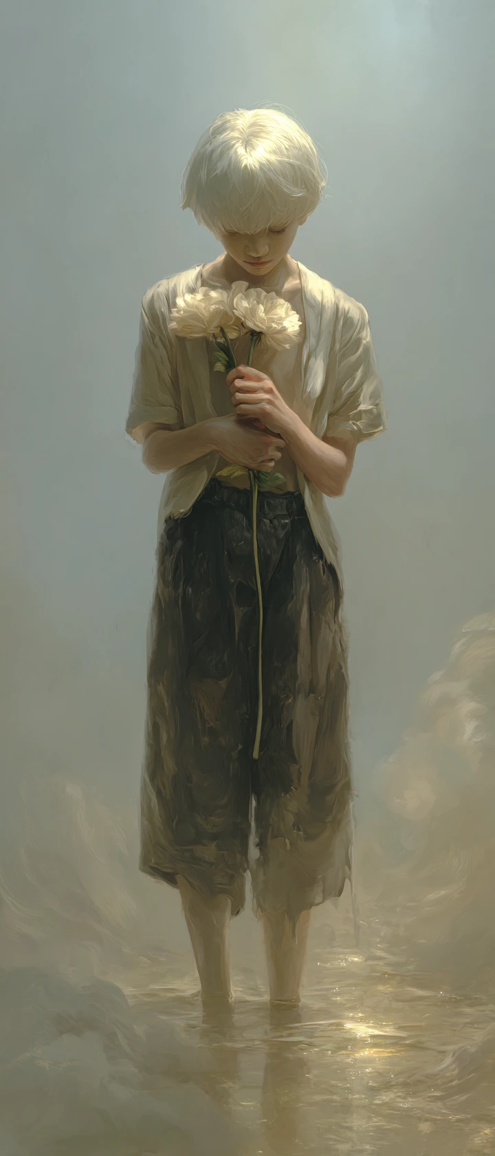 Melancholische Gestalt im wirbelnden Nebel mit verwelkter Blume