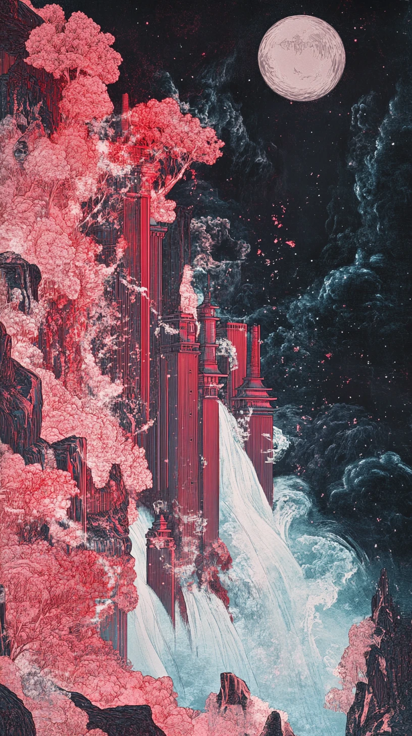 Snowy Japanese Palace With Waterfalls And Blossoming Trees