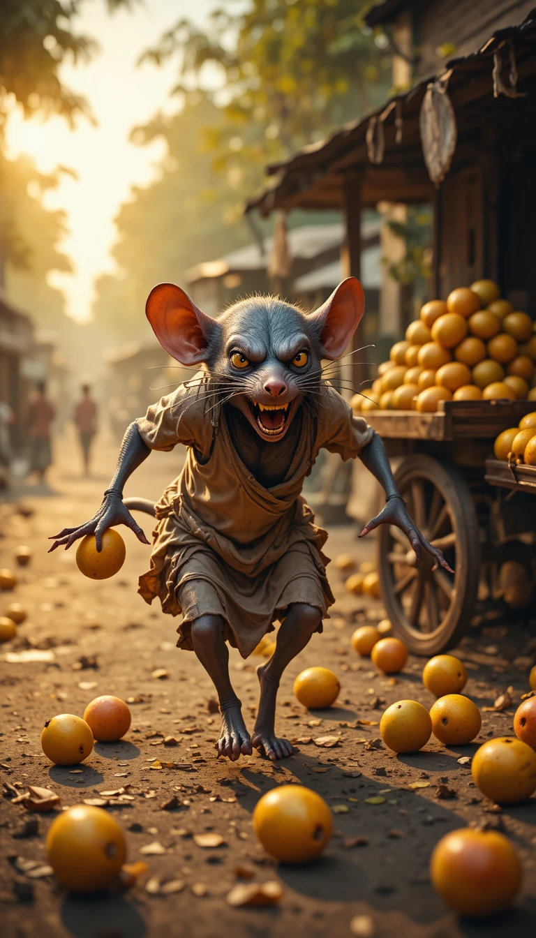 Rat anthropomorphique fuyant un chariot de mangues sur un marché indien