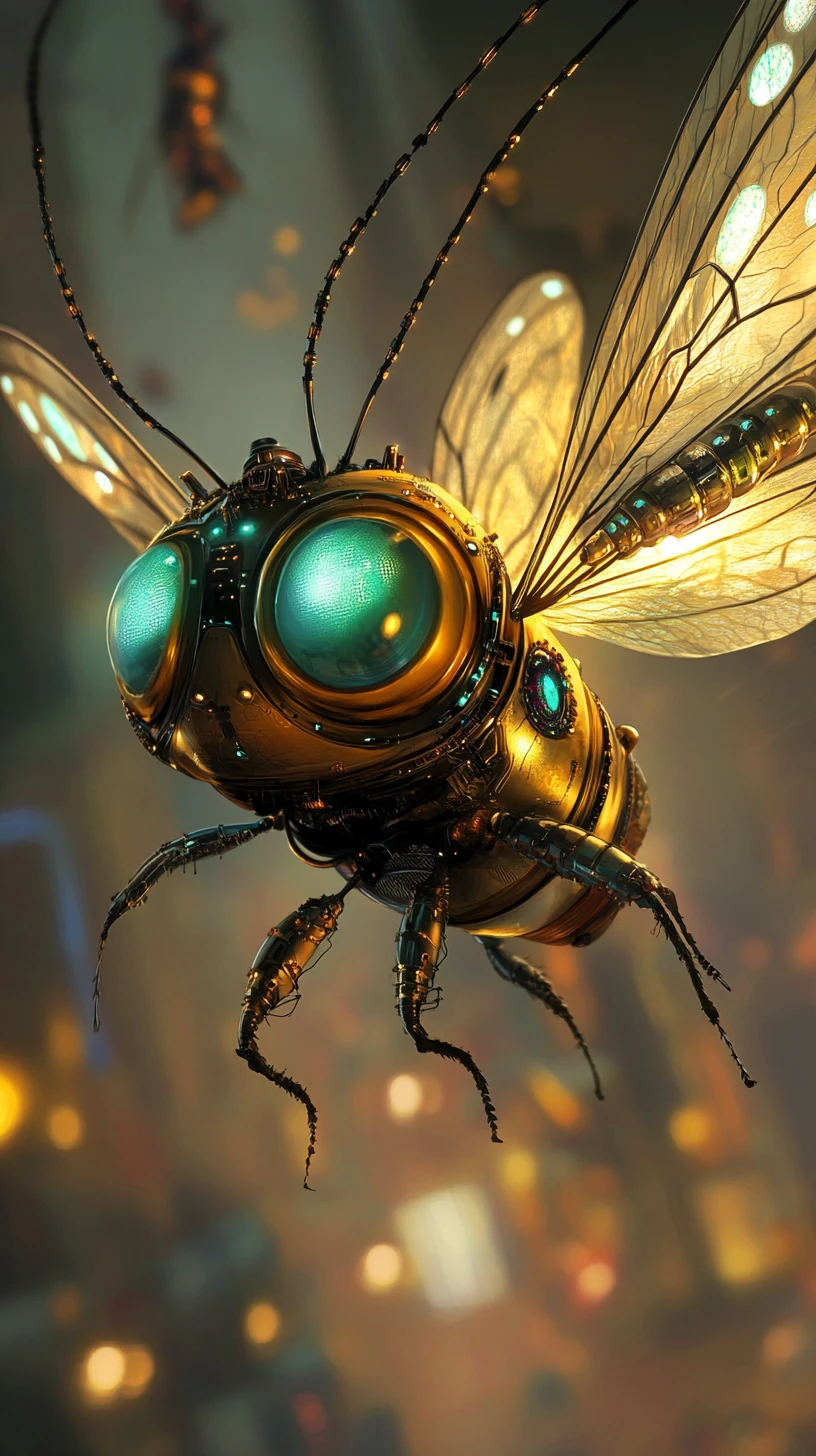 Surreal cybernetic firefly rising from a blurred dystopian horizon