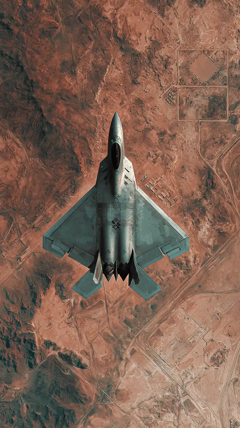 Top down satellite view of stealth aircraft over desert base