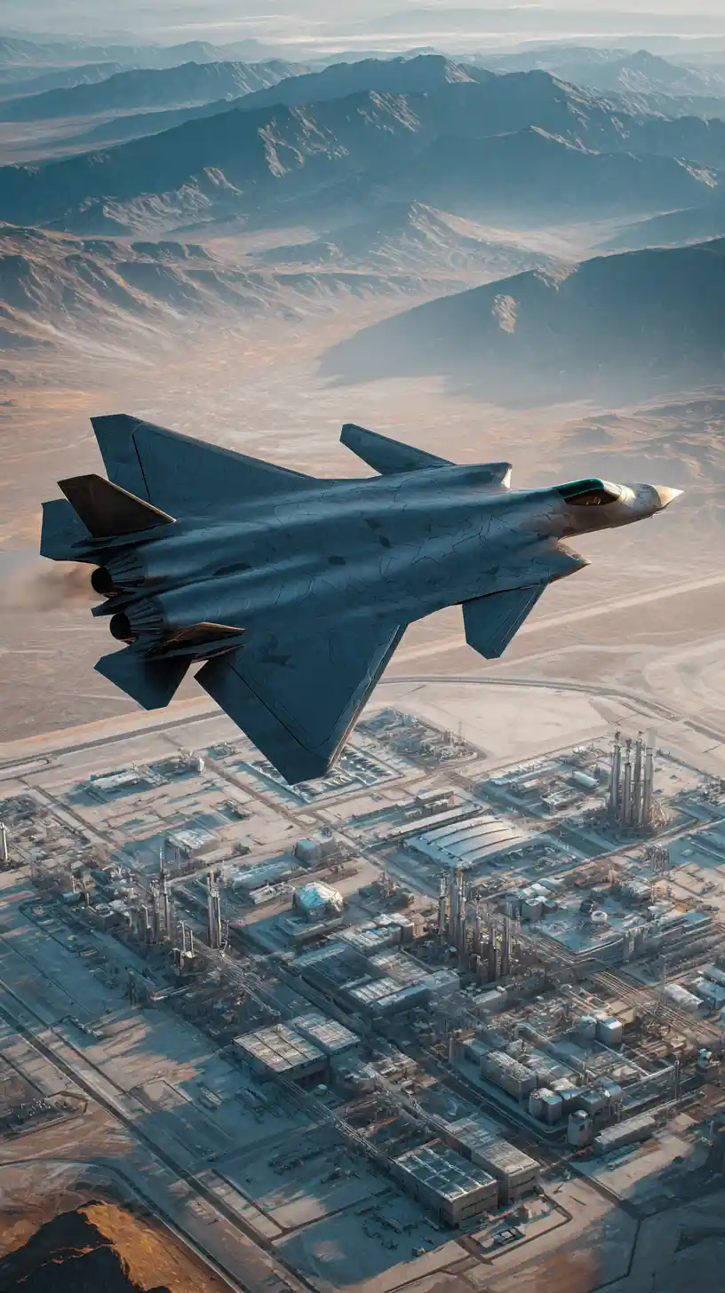 Stealth fighter jet over fortified desert military base