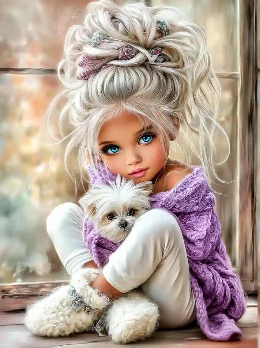 Silver haired girl holding a fluffy white dog indoors