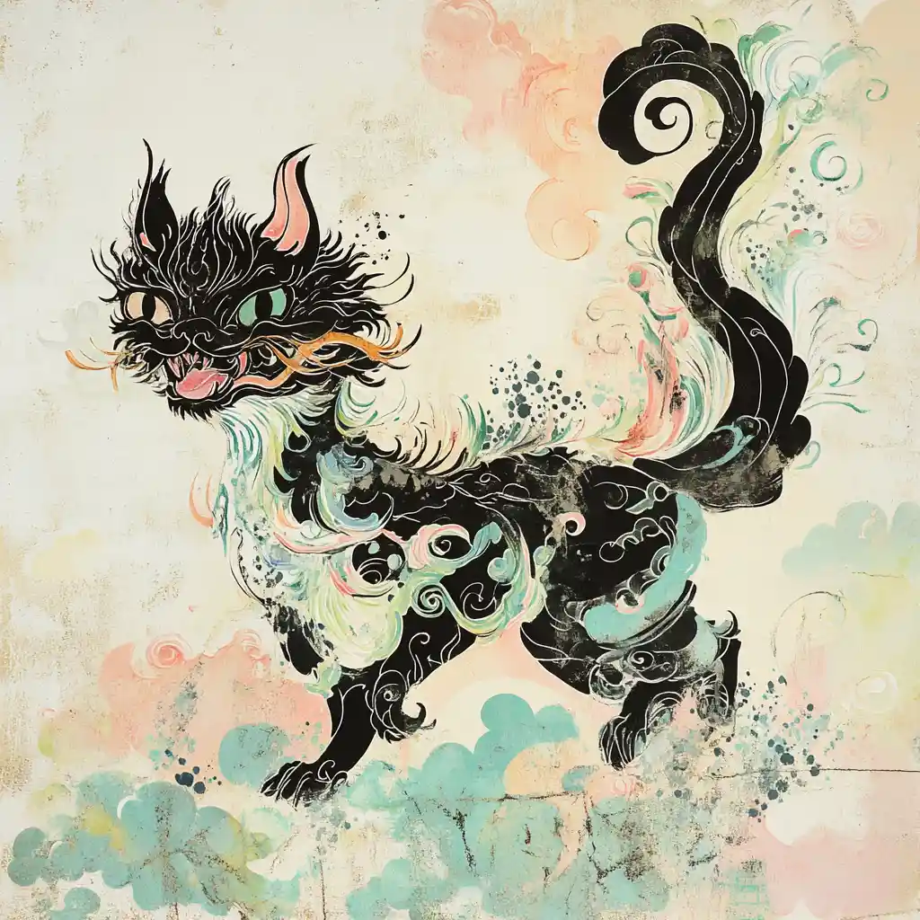 Mythische Katzen-Drache-Kreatur in ätherischer japanischer Tuschkunst