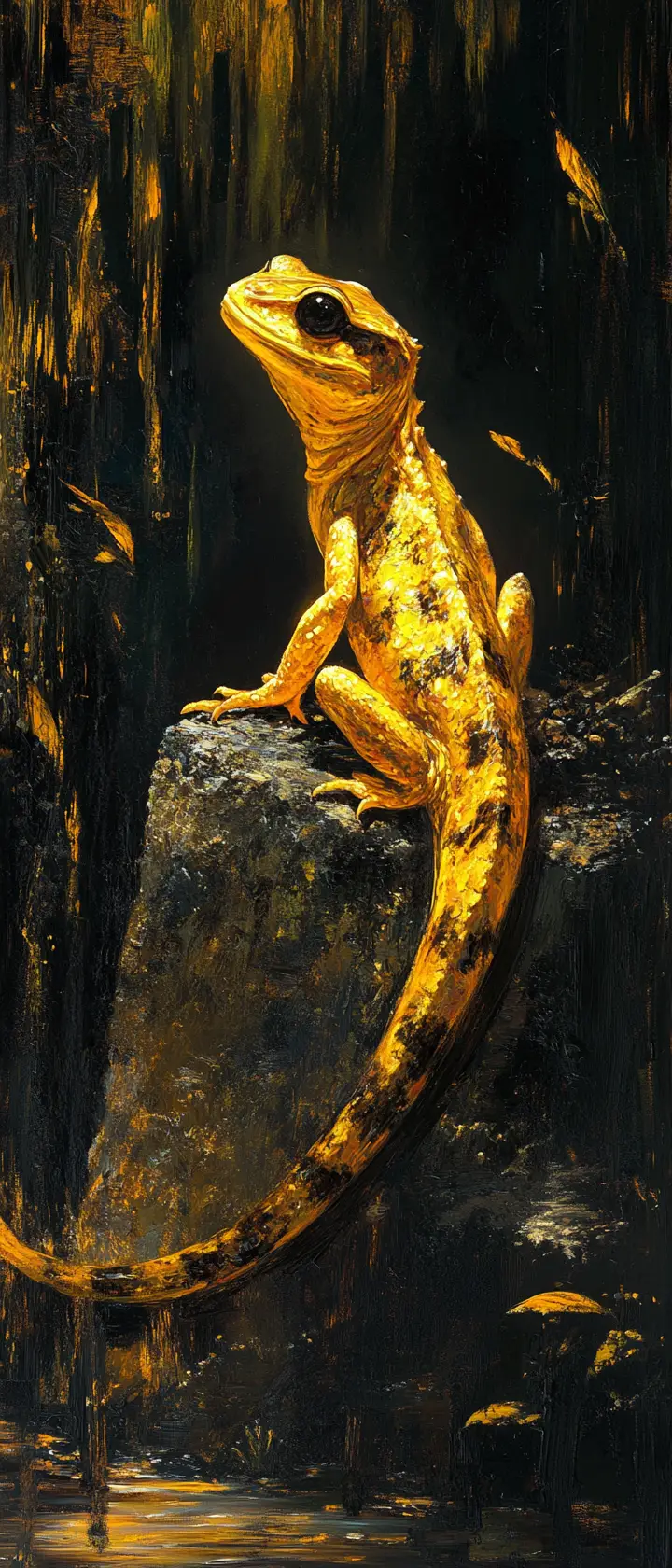 Antica salamandra di fuoco su una roccia in una palude nebbiosa