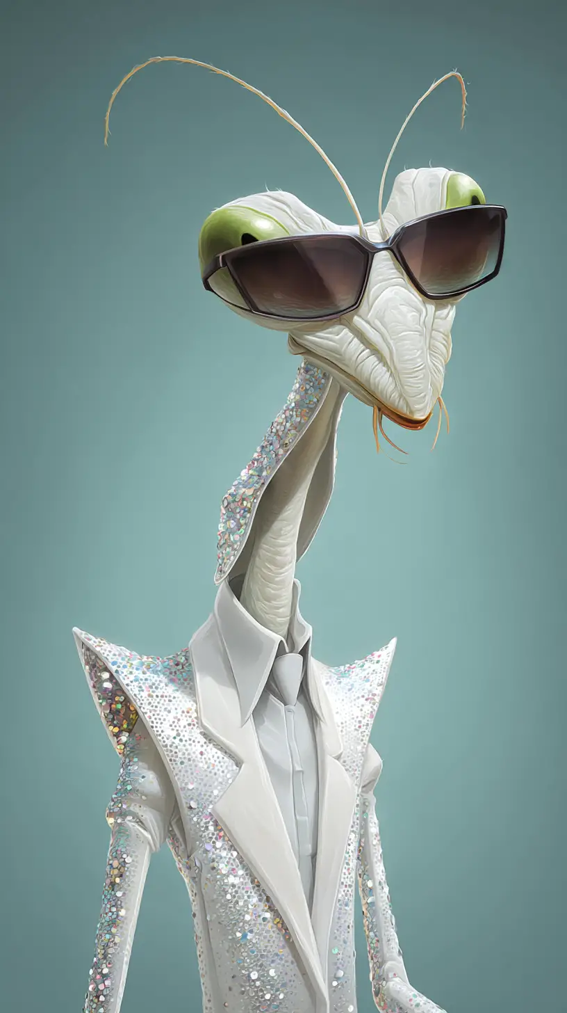 Mante en costume blanc à paillettes et lunettes de soleil sombres