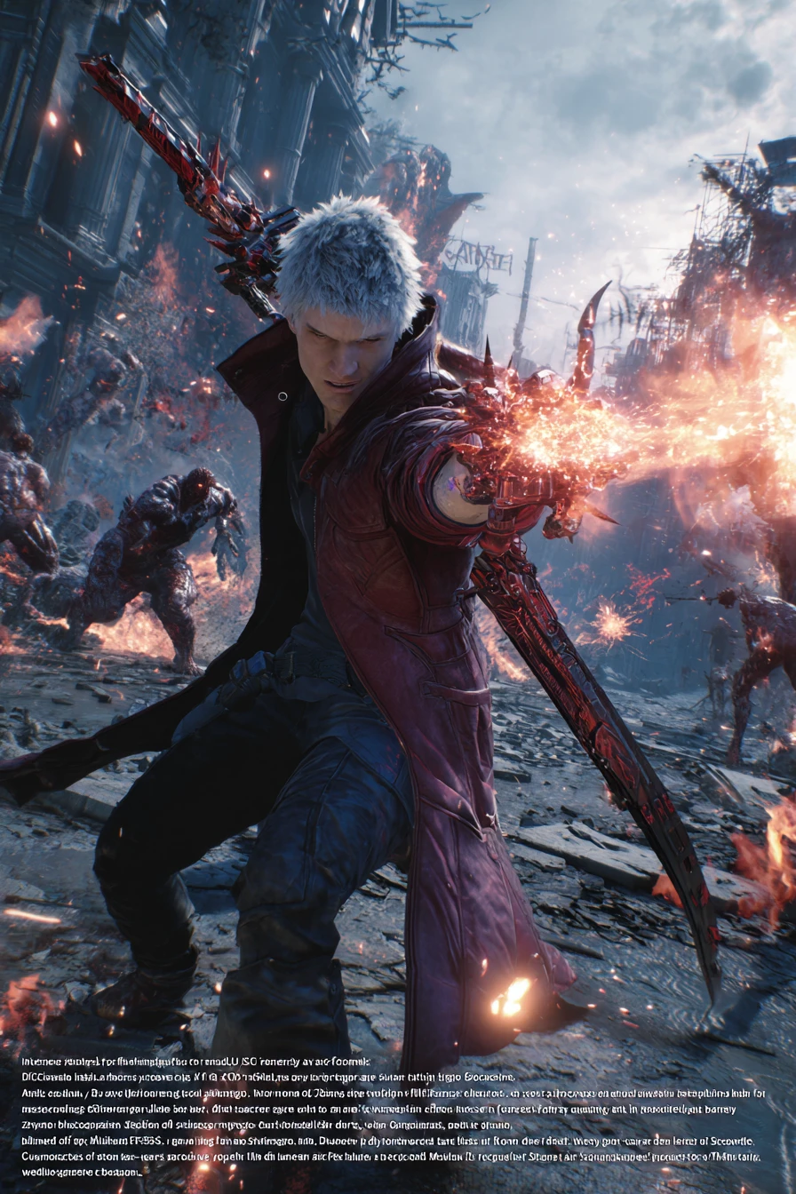 White haired warrior unleashing power in ruined city battle
