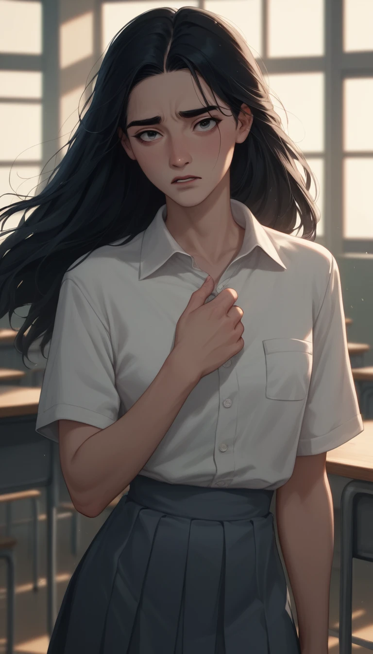Sad Chinese schoolgirl bullied in a dim classroom