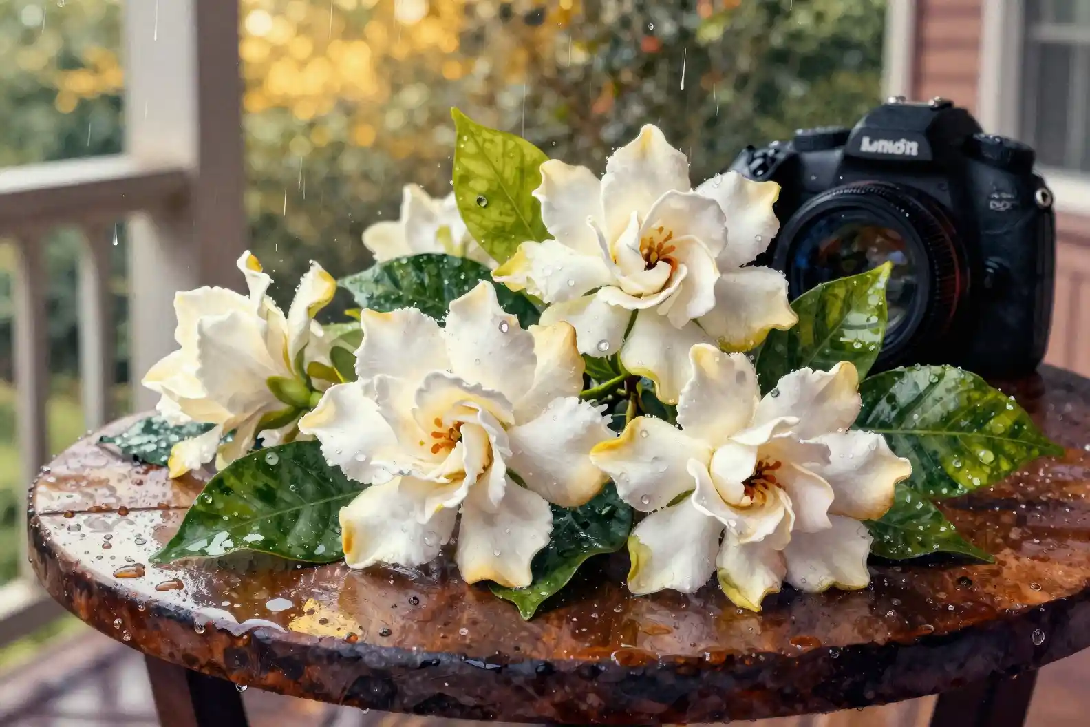 Gardenia flowers on a rainy porch table in fantasy realism