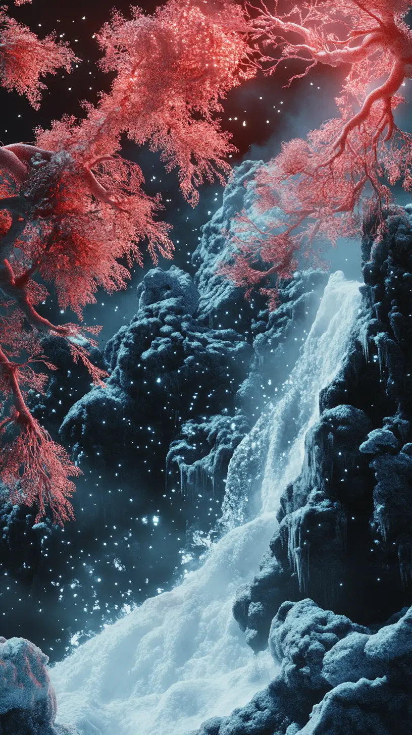 Palacio japonés nevado con cascadas en un paisaje fantástico