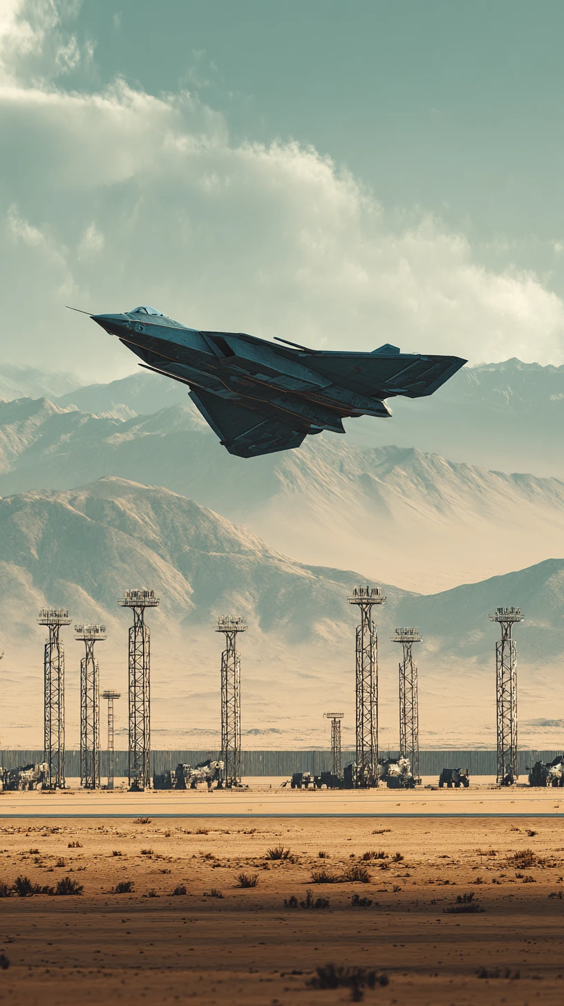 Caccia stealth sopra base militare fortificata nel deserto