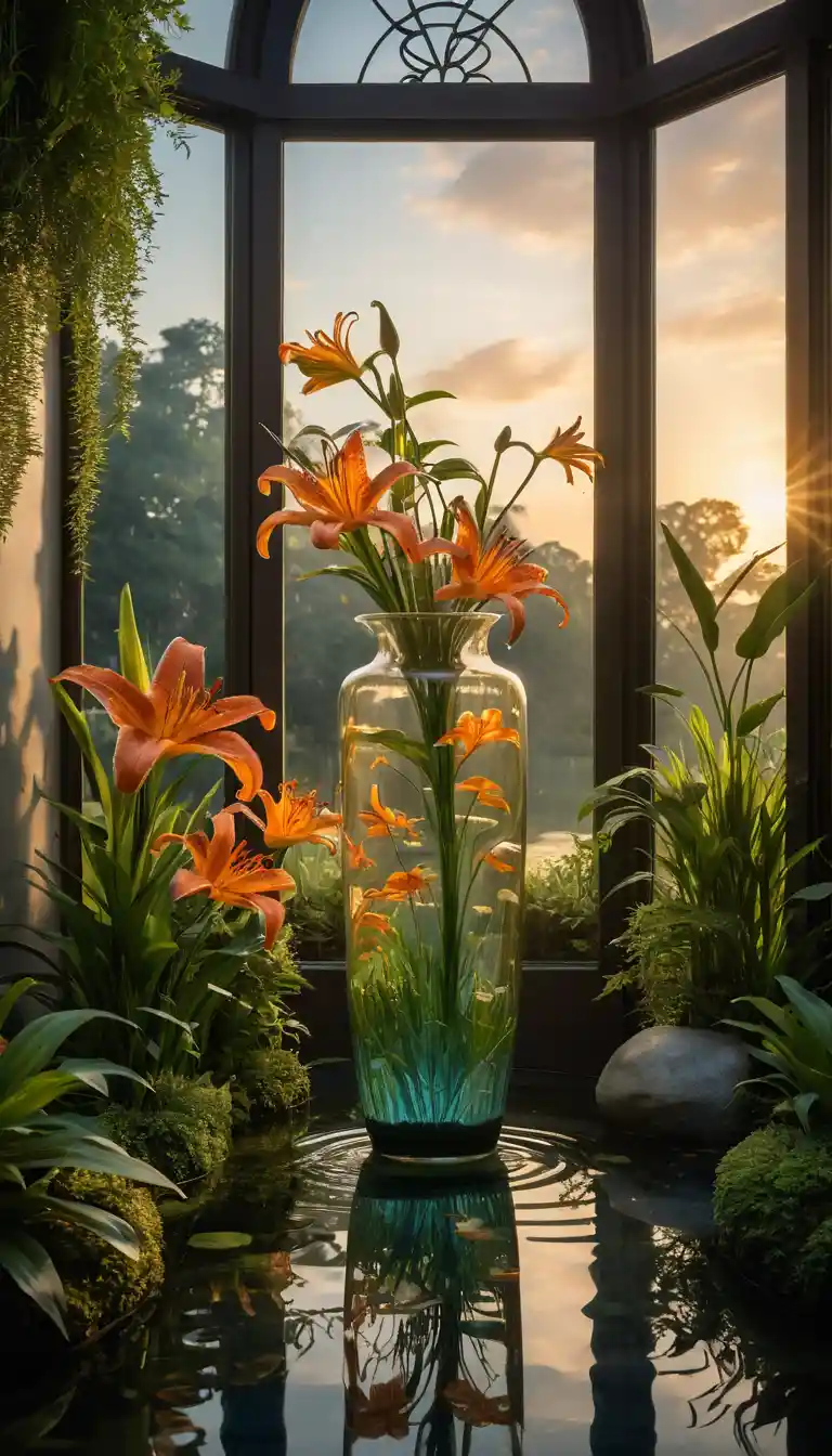 Sunlit veranda garden with koi in a sculpted vase