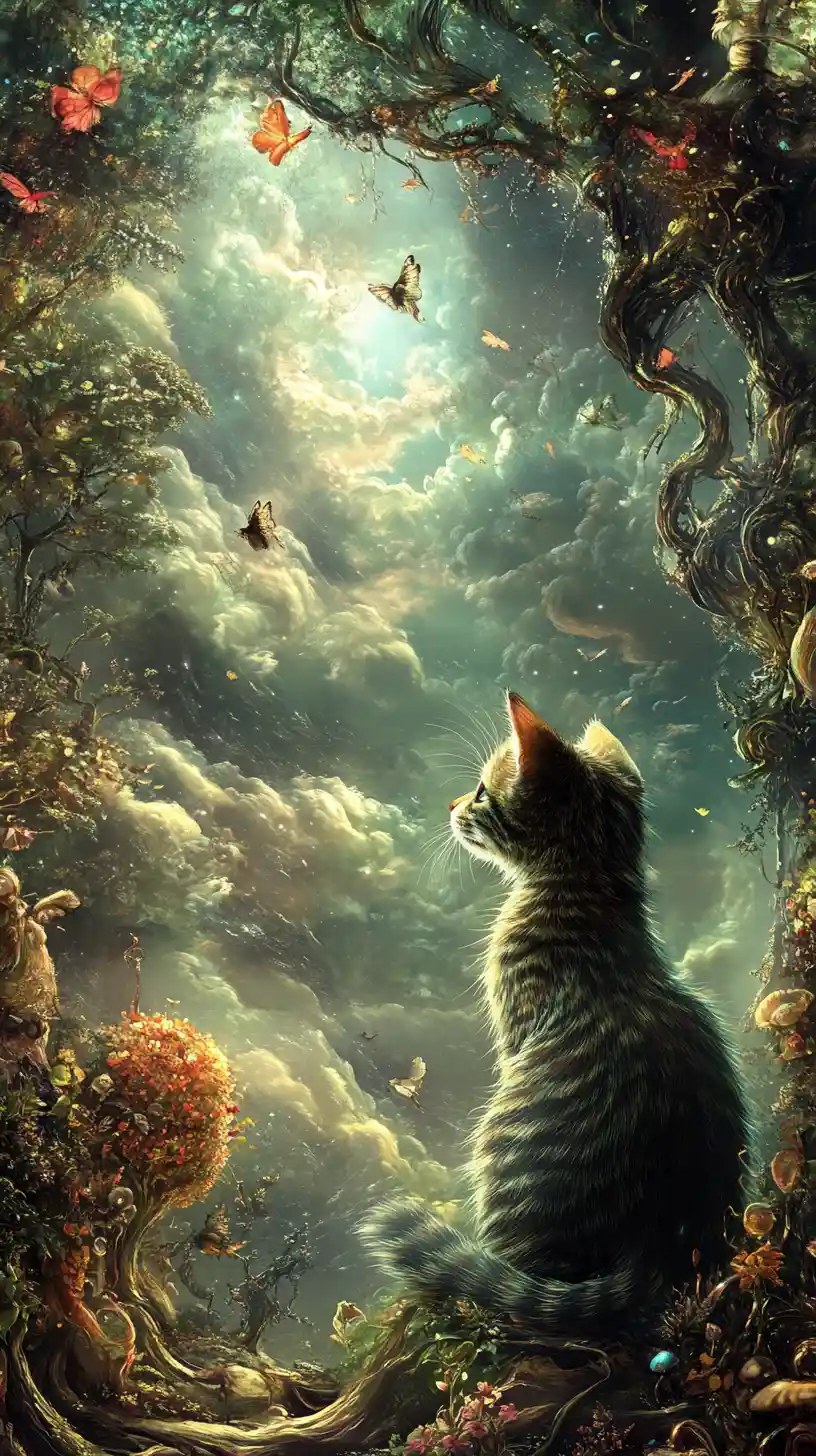 Surreal ruhende Katze in einer traumhaften fantastischen Landschaft