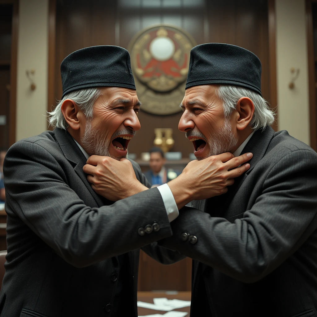 Idosos nepaleses brigando em um tenso salão do governo