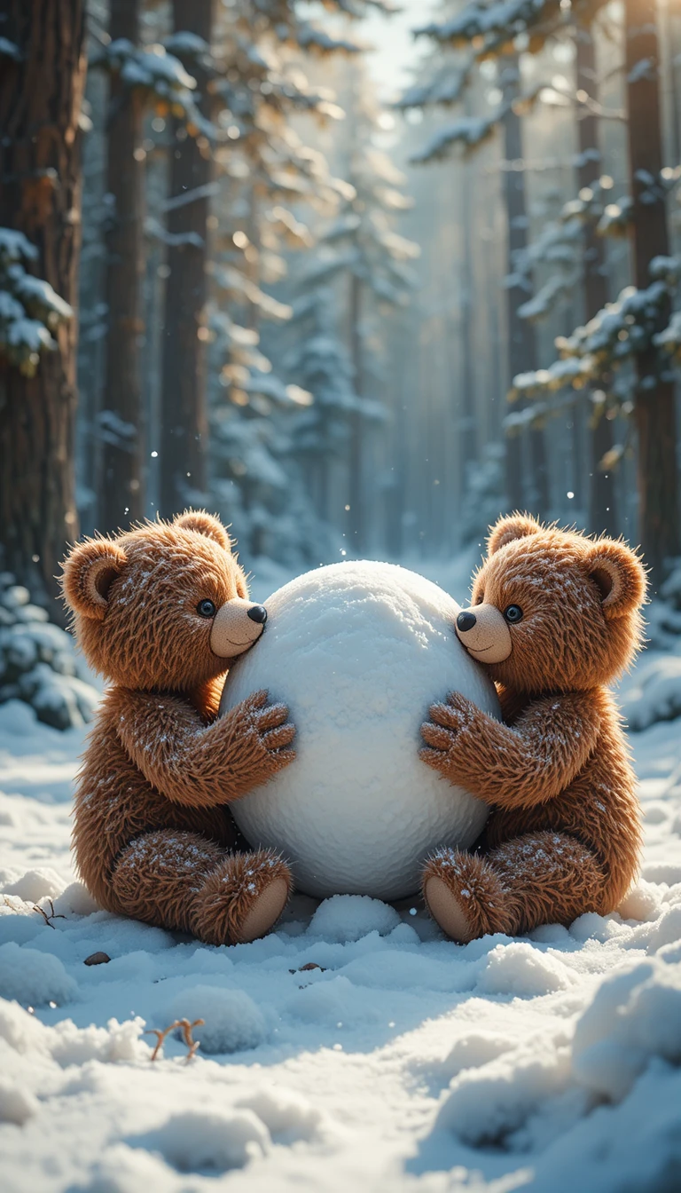 Due orsacchiotti che tengono una palla di neve in una foresta innevata