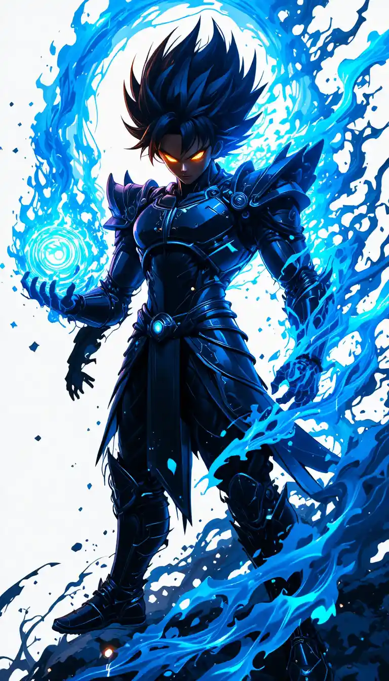Guerrier vectoriel d’anime avec aura lumineuse en pose d’action