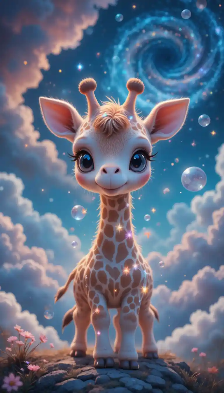 Filhote de girafa fofo em uma cena de fantasia no céu noturno dos sonhos
