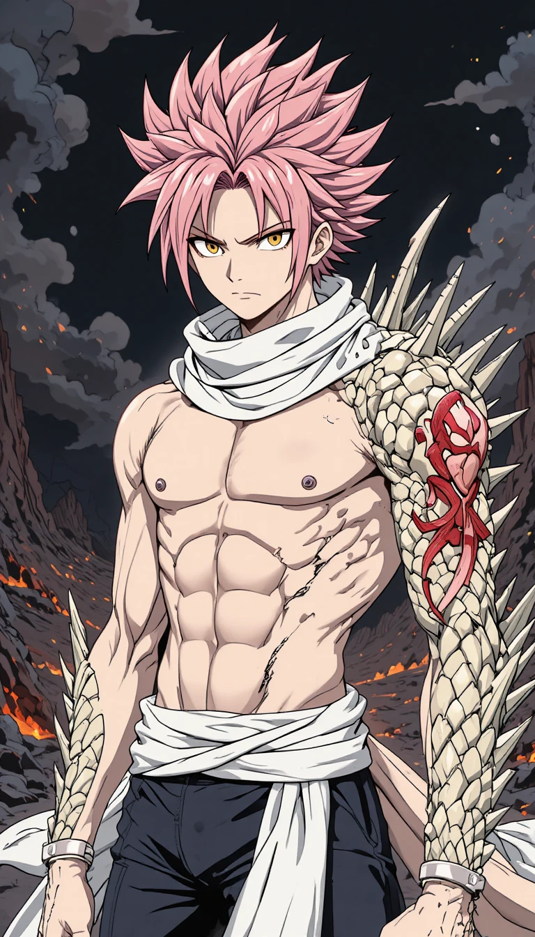 Guerreiro de anime com braço de dragão mutante em deserto vulcânico
