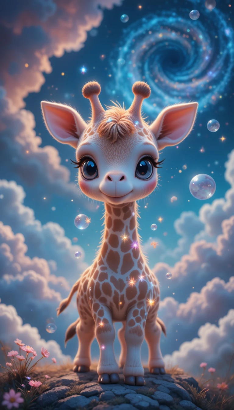 Cute baby giraffe in a dreamy night sky fantasy scene