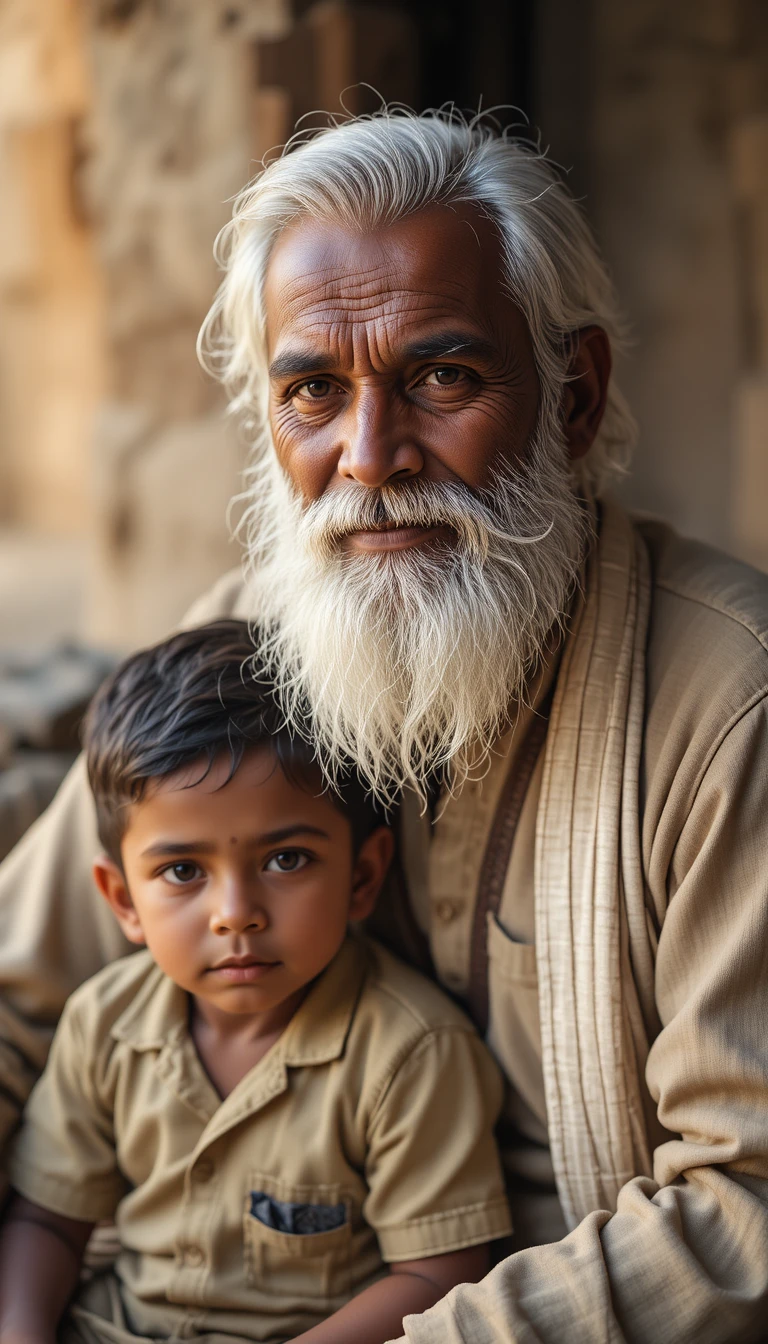 Indian grandfather and grandson in a warm rural moment