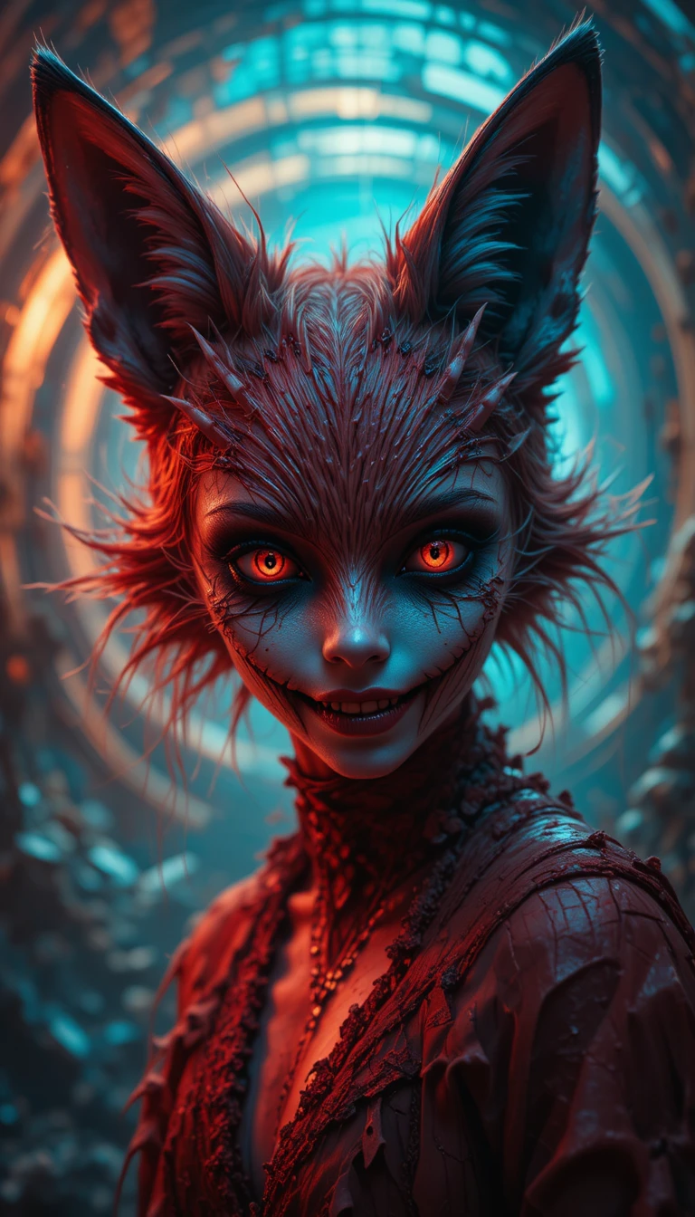 Portrait surréaliste d’un renard cramoisi au sourire grotesque et envoûtant