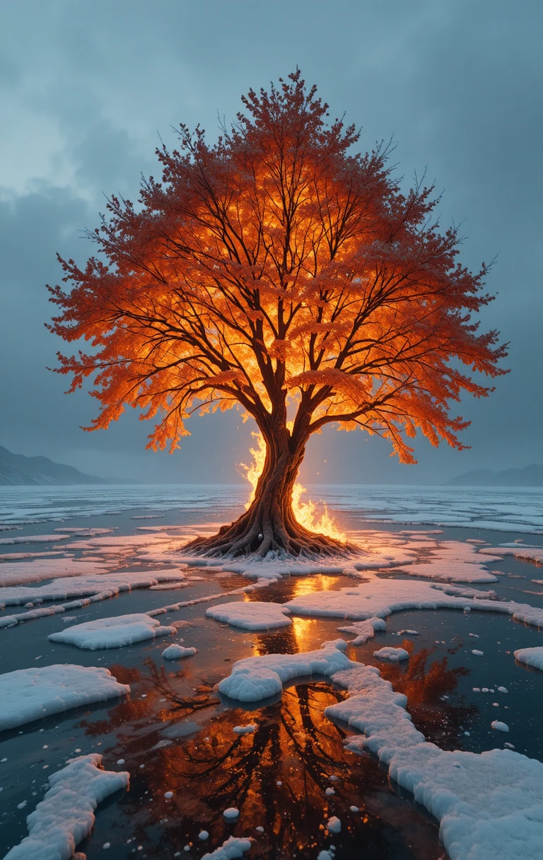 Fiery Tree Reflected On A Vast Frozen Grey Ocean