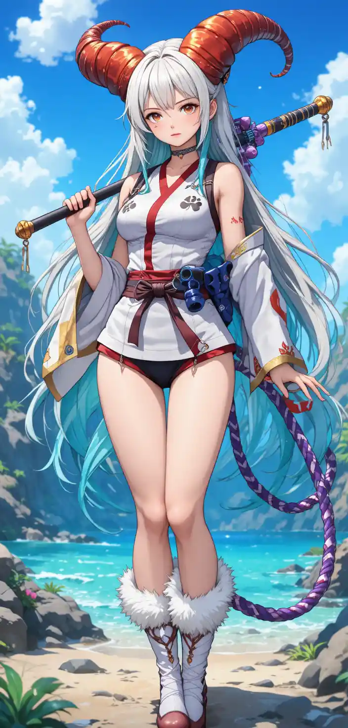 Anime warrior woman with glowing rune marked legs