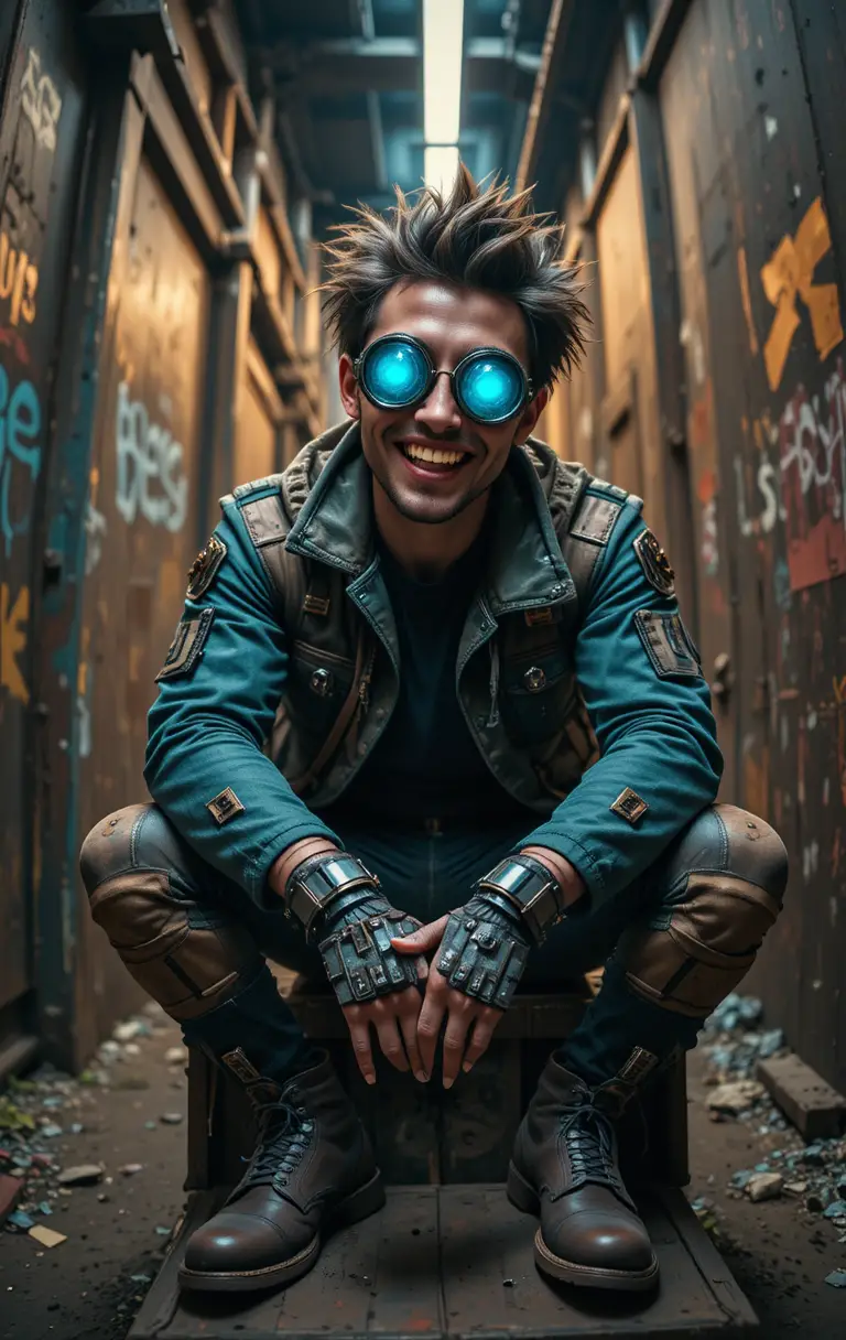Rebellious cyberpunk scavenger in a gritty industrial alley
