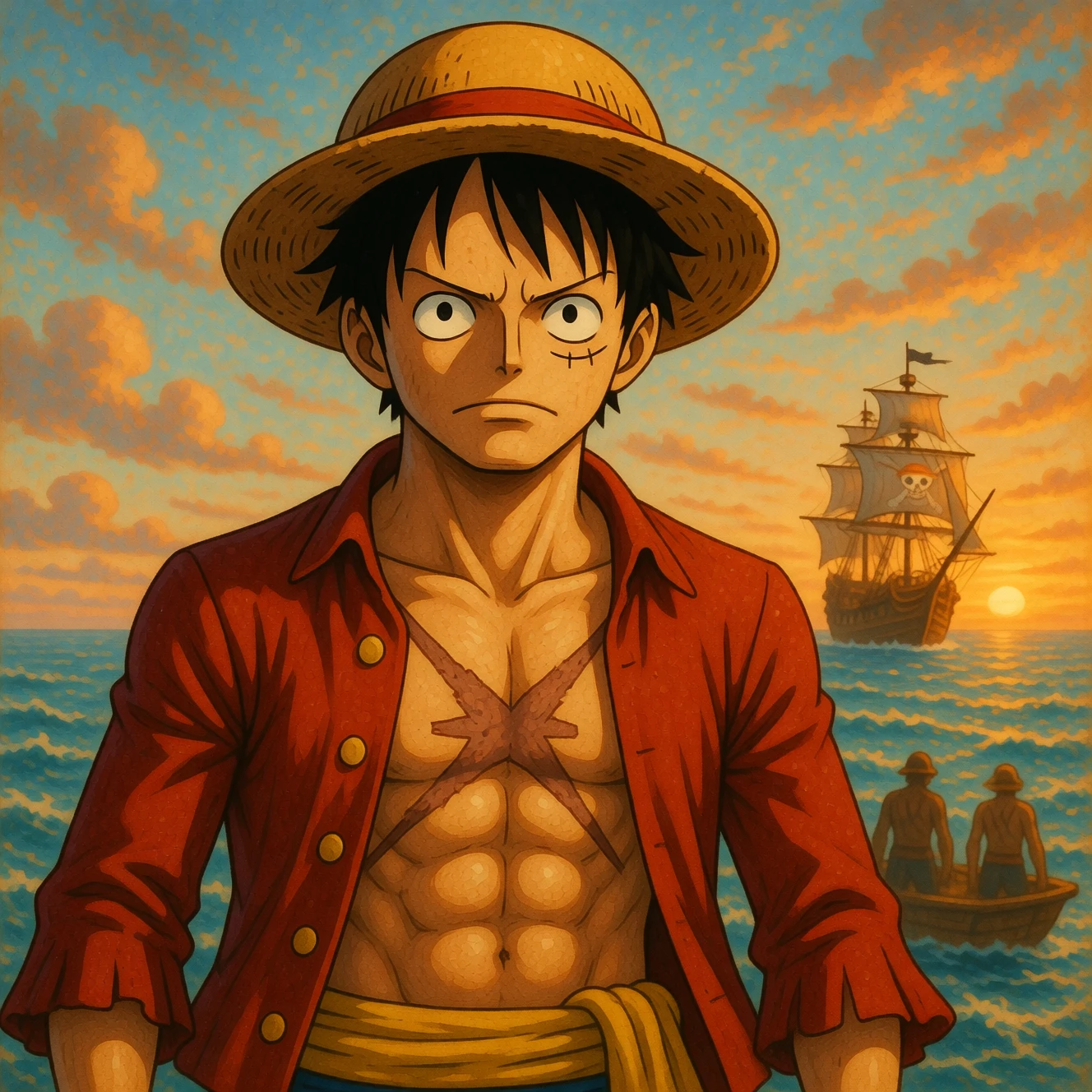 Velho capitão pirata em pé diante de um mar tranquilo