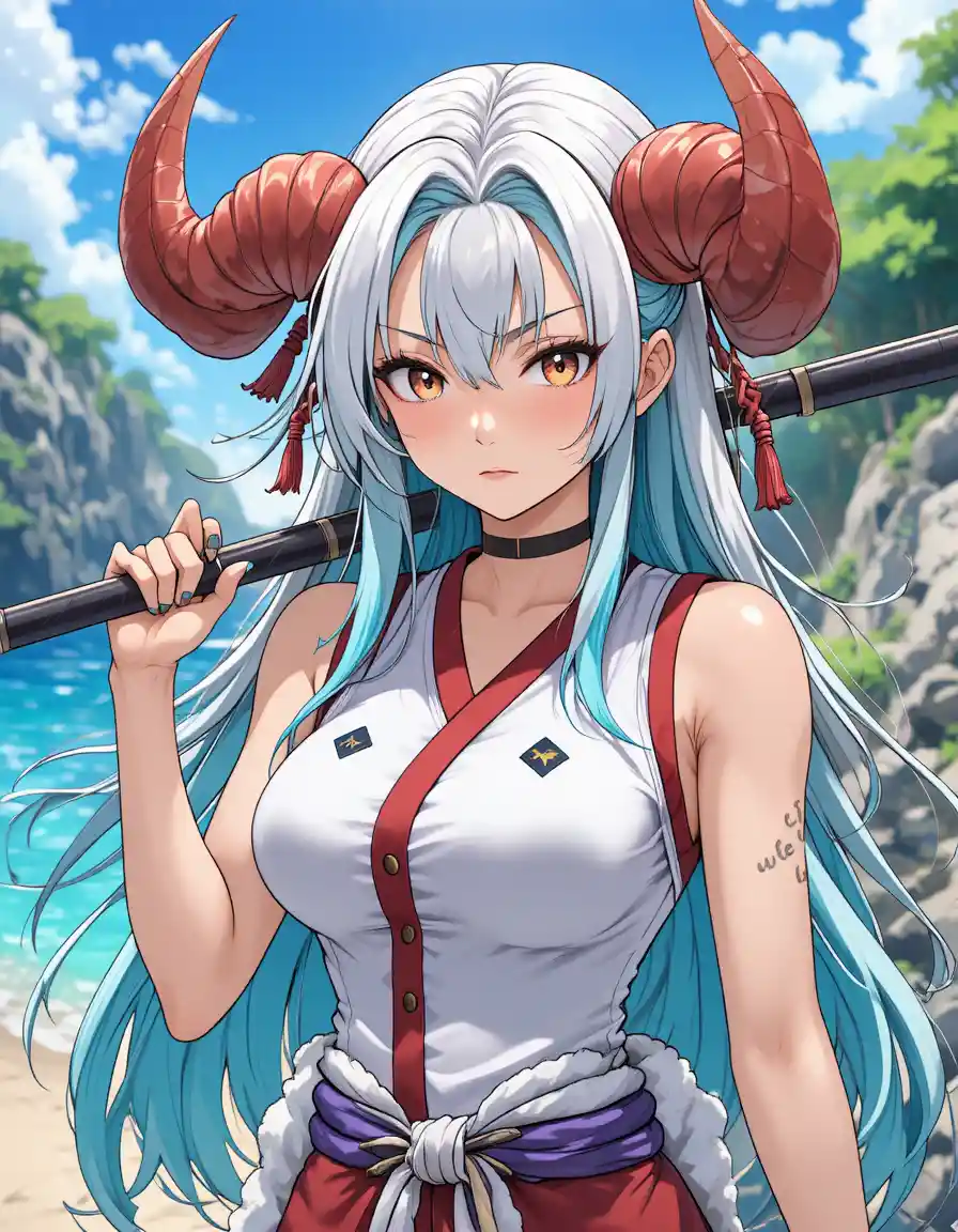 Horned anime warrior woman with kanabo on island