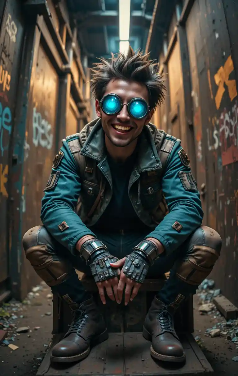 Rebellious cyberpunk scavenger in a gritty industrial alley