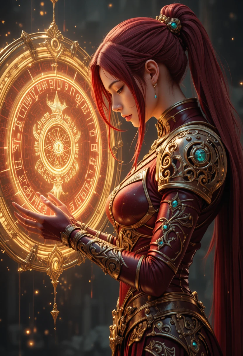 Armored crimson haired mage with celestial chrono disk