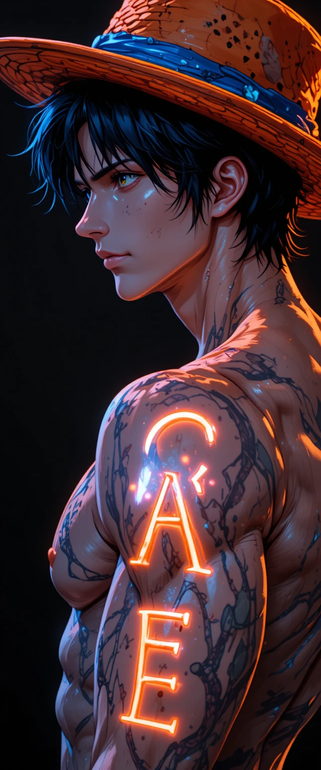 Perfil lateral em anime de homem musculoso com tatuagem neon no braço