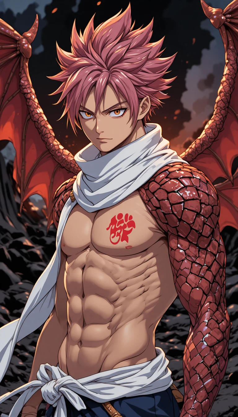 Mago de fogo estilo anime com braço de dragão em ermo vulcânico