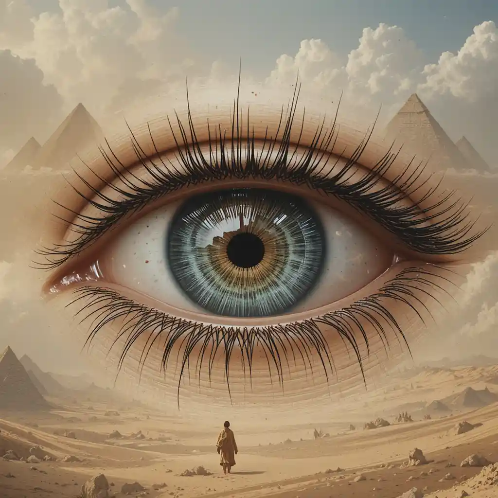 Primer plano de un solo ojo que refleja pirámides lejanas