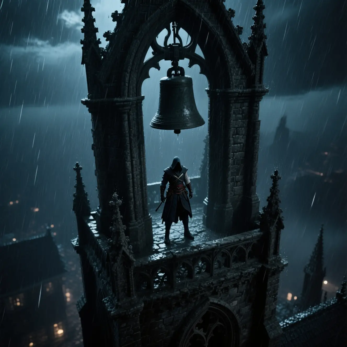 Assassin on gothic bell tower in a stormy night rain