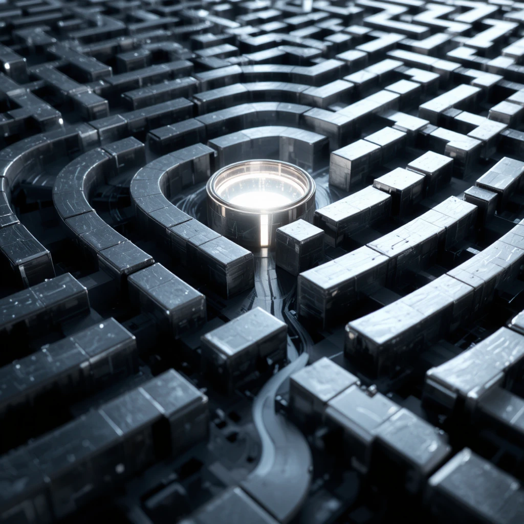 Silver metallic labyrinth with a single glowing central path