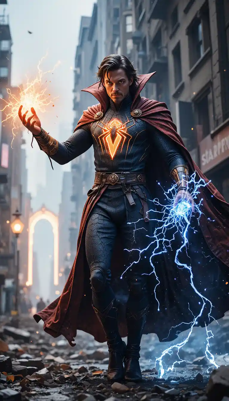 Hybrid superhero casting magic on a ruined city street