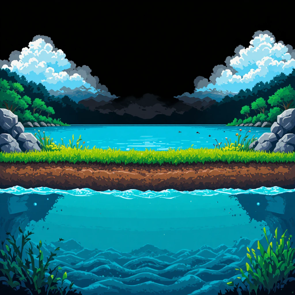 Rivage de lac en pixel art avec ciel, herbe et couches sous-marines