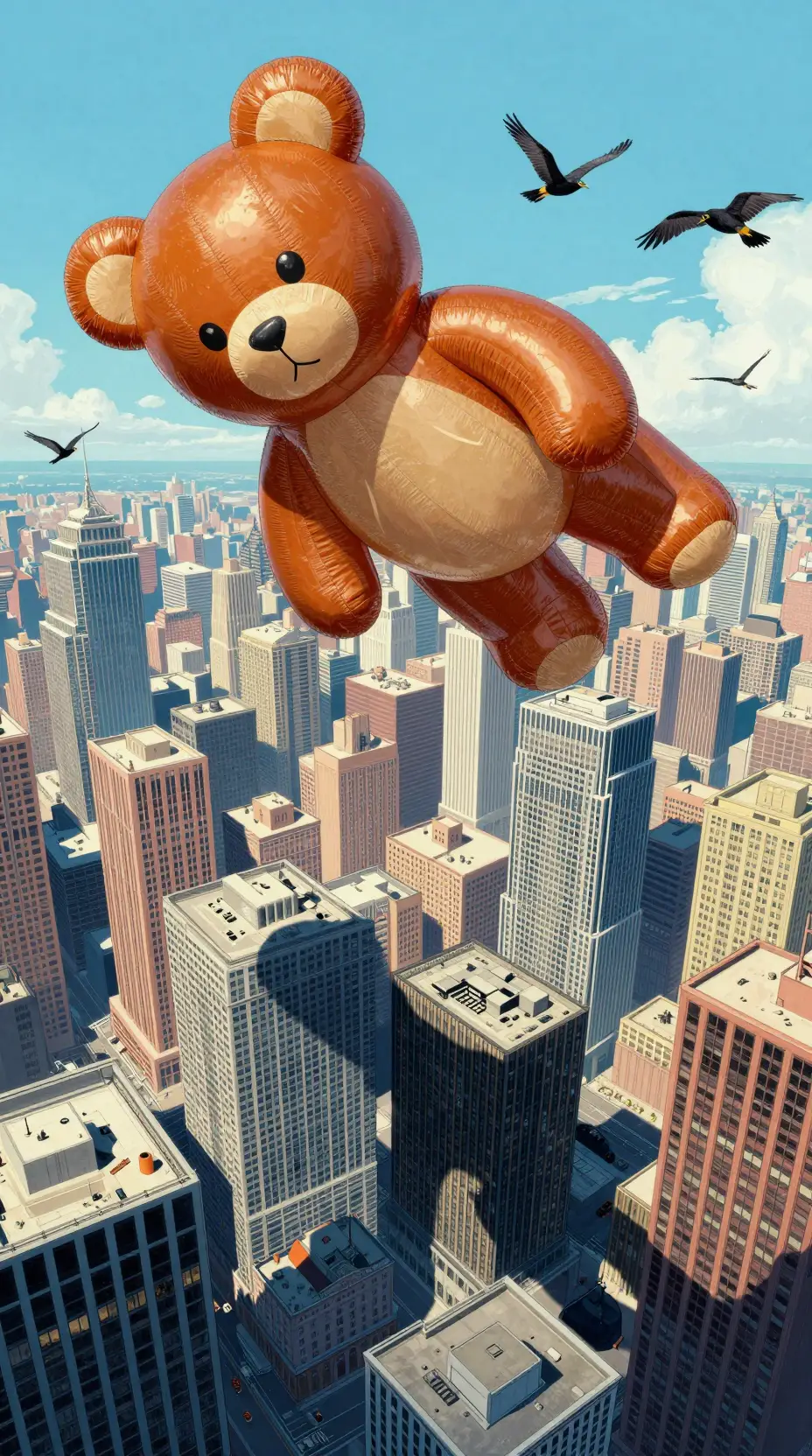 Osito de peluche inflable gigante flotando sobre coloridos rascacielos de la ciudad