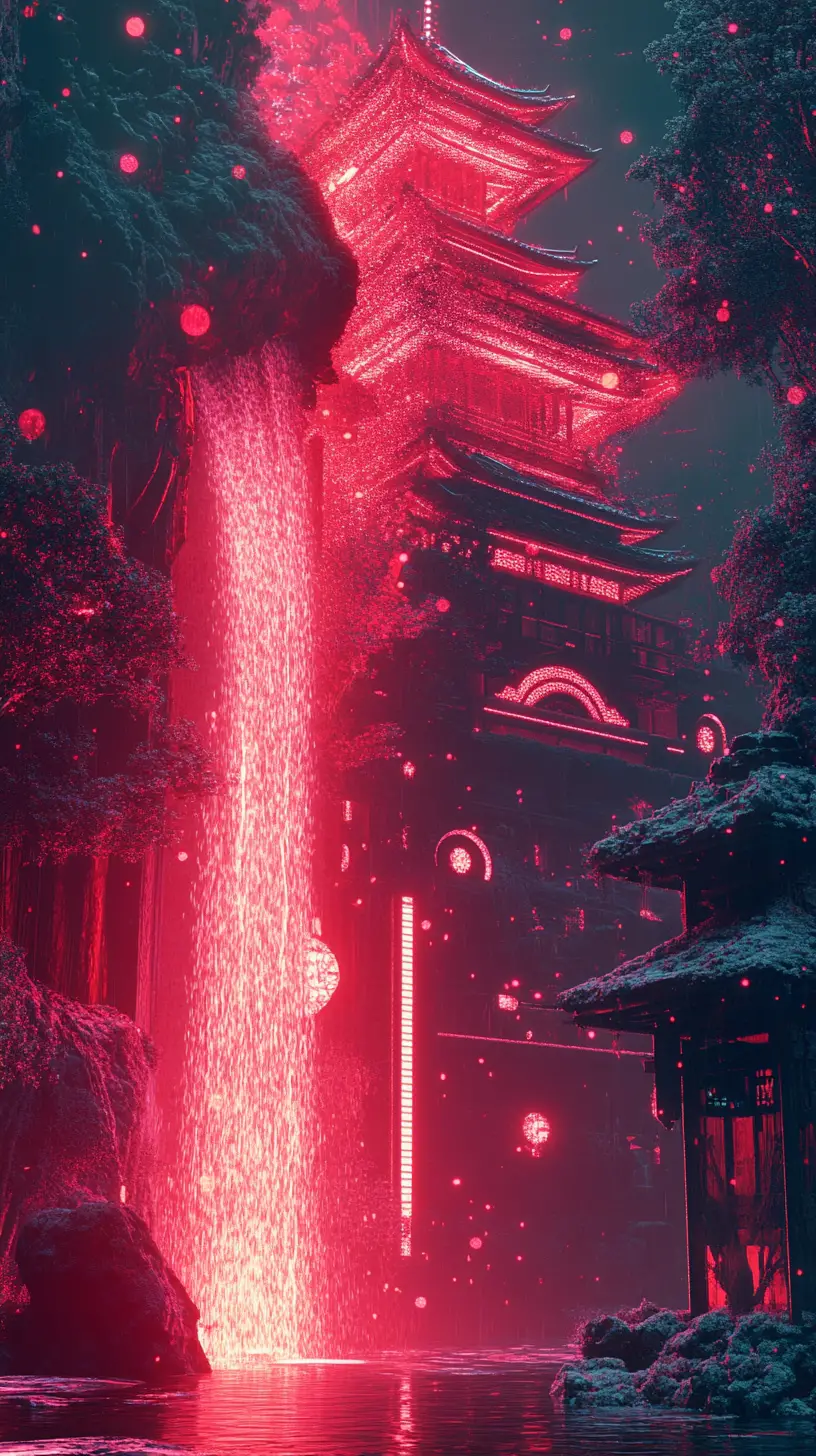 Palacio japonés fantástico en un paisaje nevado con cascada