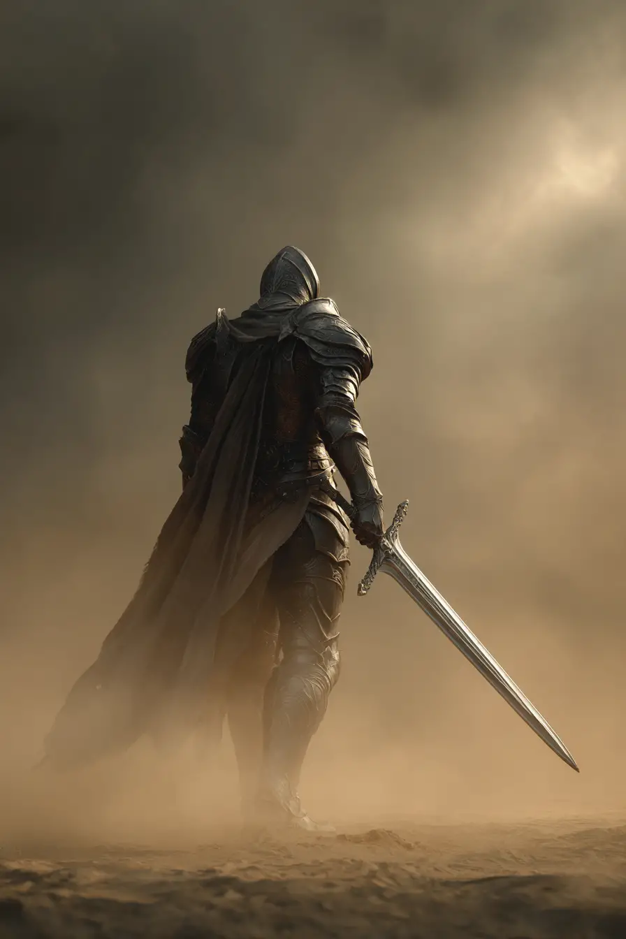 Heroic human paladin with greatsword on dark battlefield