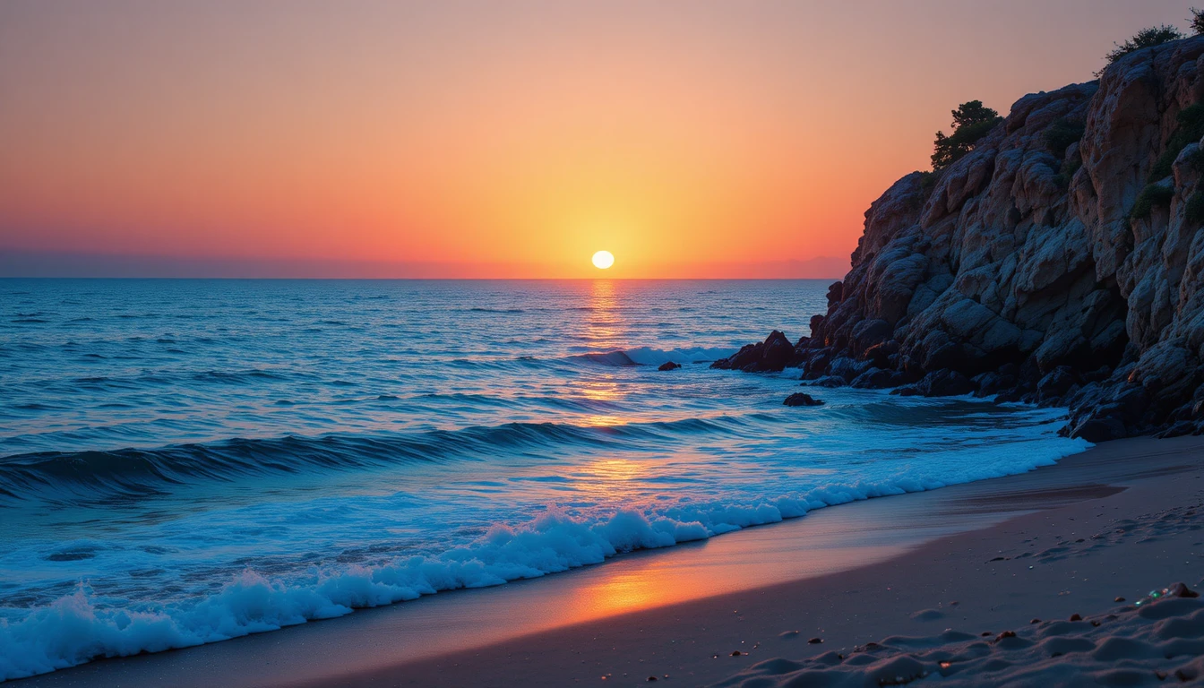 Pôr do sol dourado sobre oceano azul tranquilo e costa rochosa