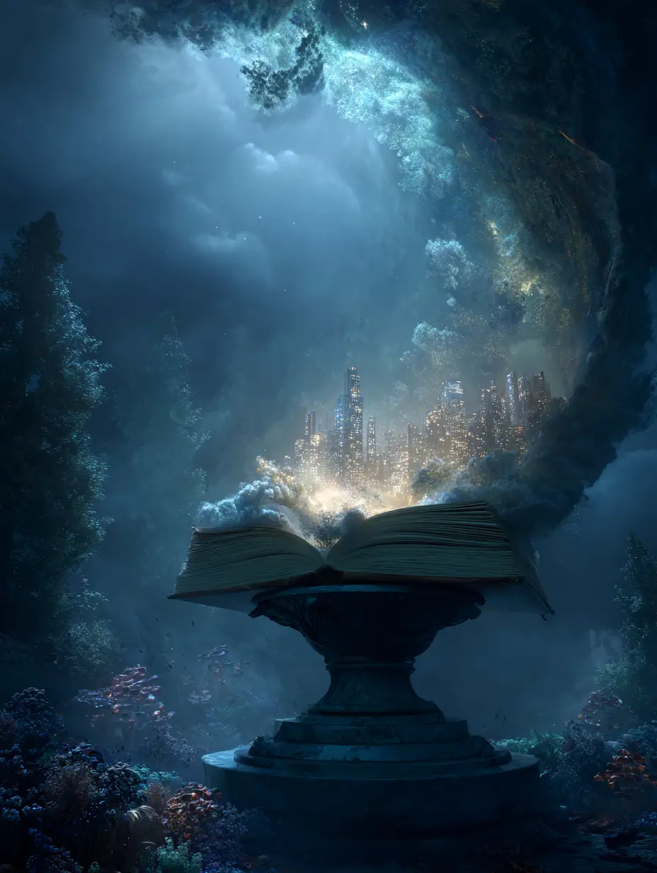 Mystisches offenes Buchportal in einer verborgenen Fantasy-Bibliothek