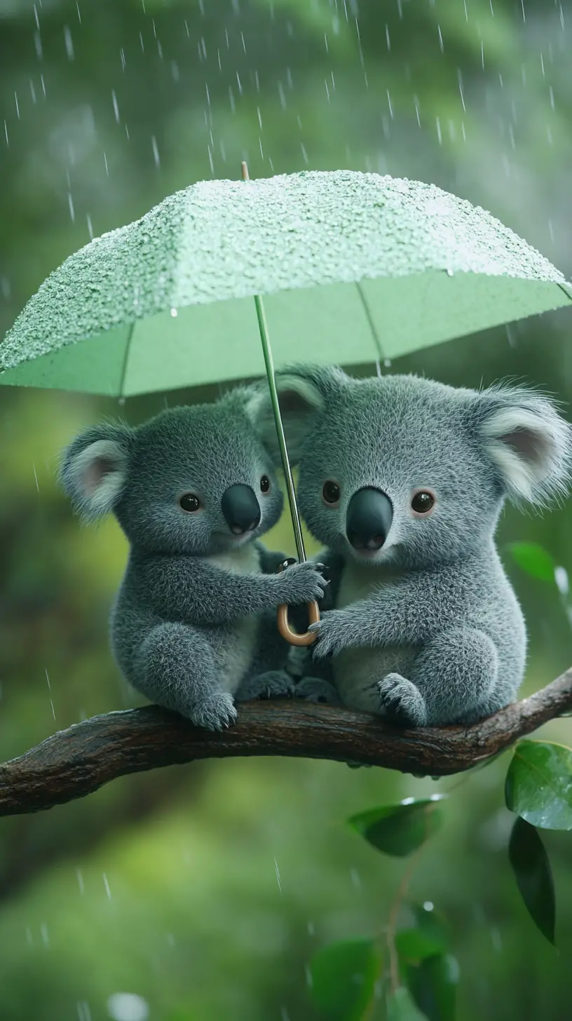 Cute koala pair hiding under a green umbrella