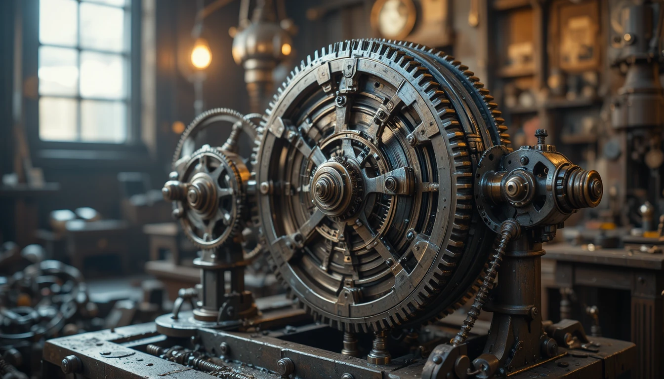 Interlocking metallic gears in a steampunk workshop close up